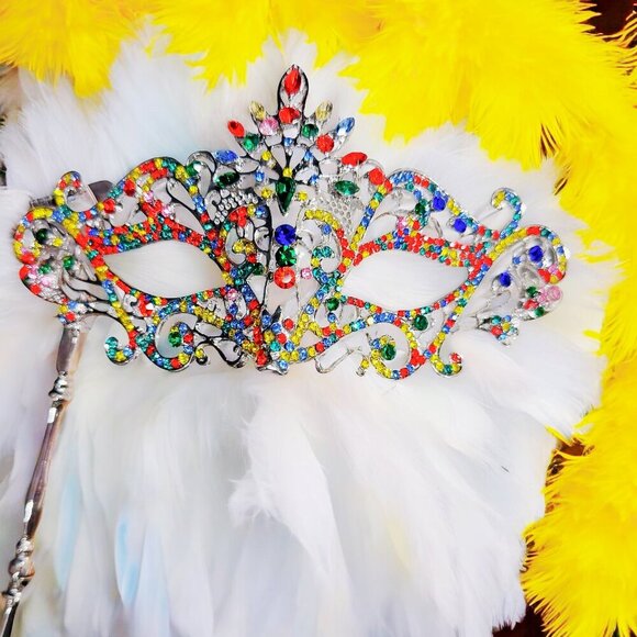 Rainbow Masquerade Mask, Crystal Handheld Mask, Silver Mask, Prom Mask, Pride - Picture 1 of 10